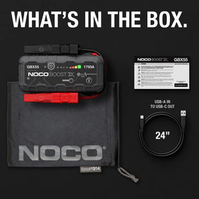 NOCO GBX55 with microfiber storage bag and cable, organized for travel convenience