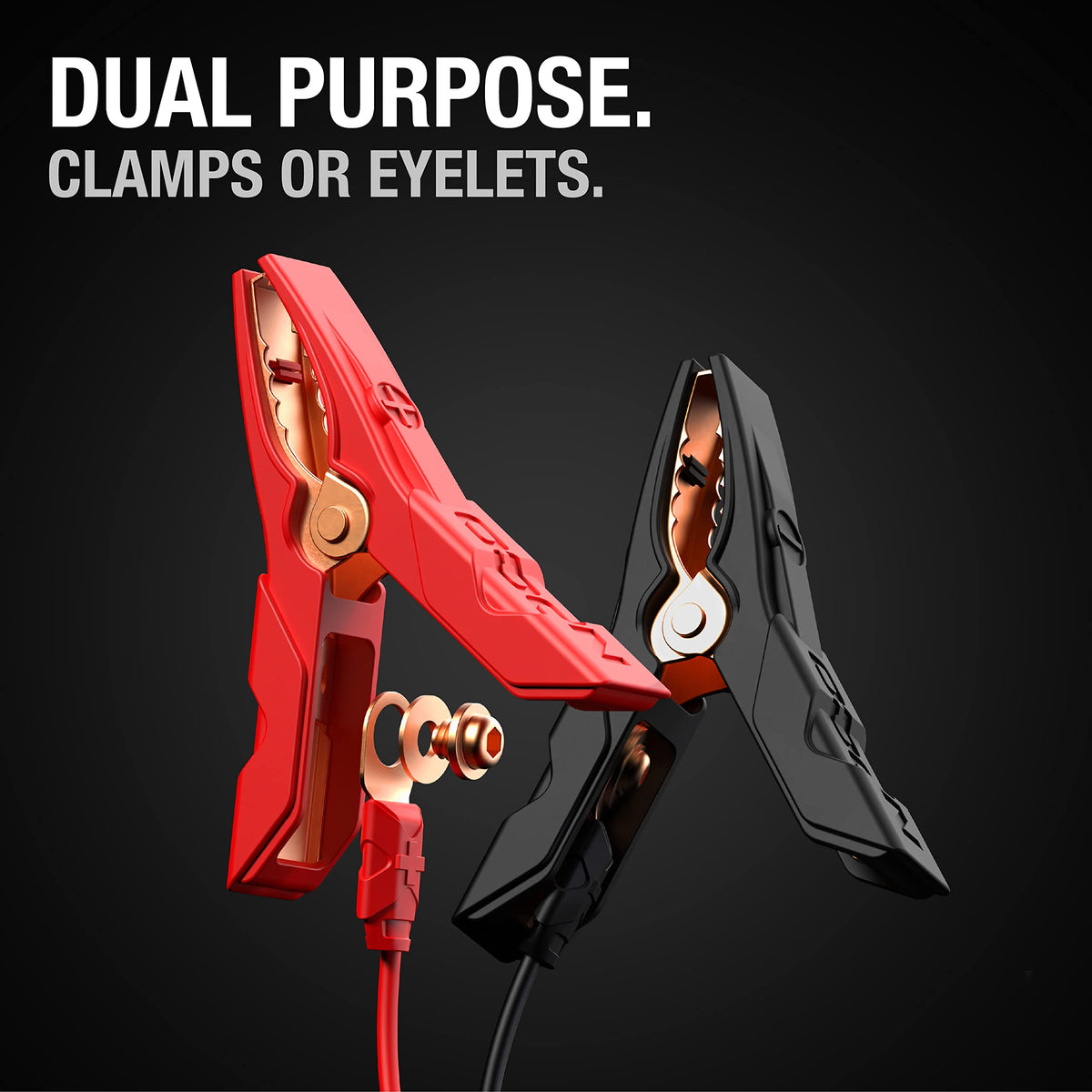 NOCO GC014 needle-nose clamp close-up showing precise grip for awkward battery terminals