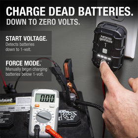 NOCO GENIUS1 long DC cable with battery clamps and eyelet terminals illustrating flexible connections