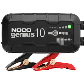 NOCO GENIUS10 front view showing compact design and controls, reliable charging