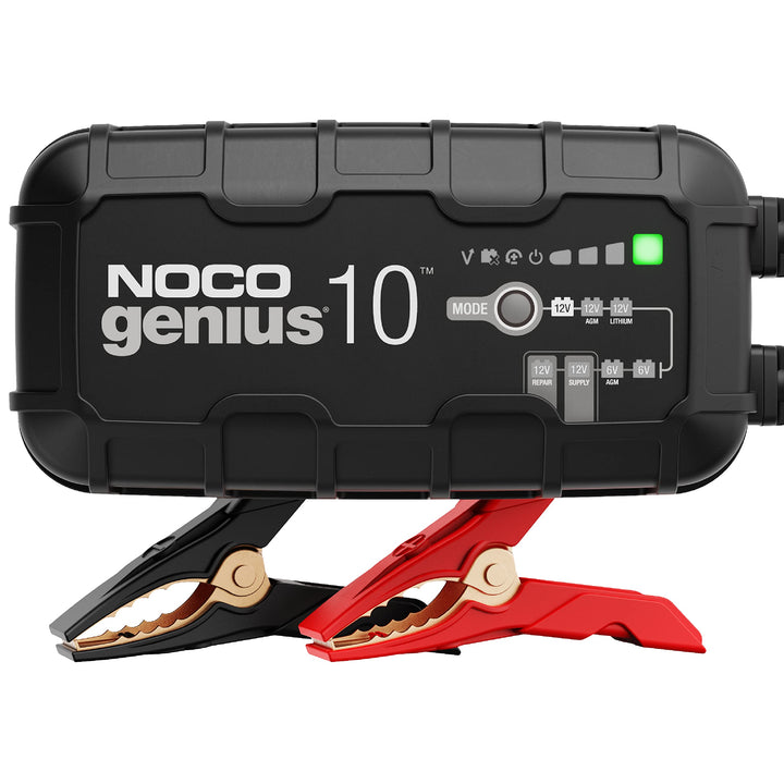 NOCO GENIUS10 front view showing compact design and controls, reliable charging