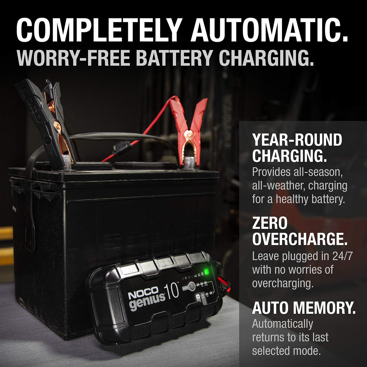 NOCO GENIUS10 held in hands for scale, compact powerful charger for workshops
