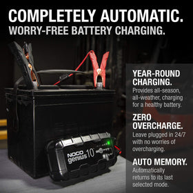 NOCO GENIUS10 held in hands for scale, compact powerful charger for workshops