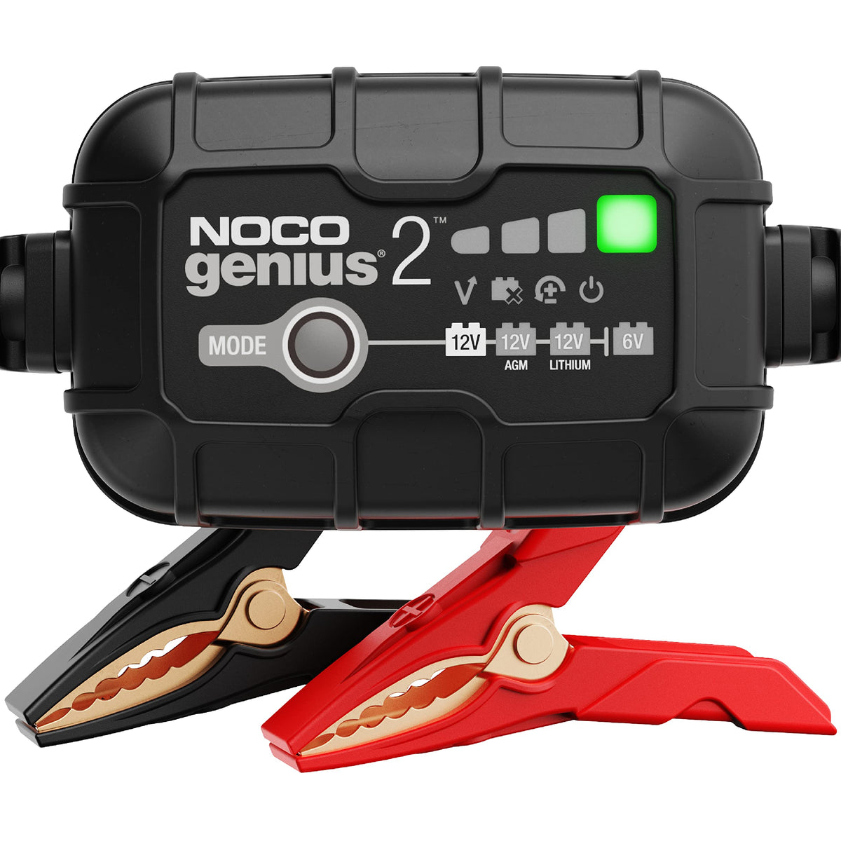 NOCO GENIUS2 front view showing controls and LEDs for easy monitoring