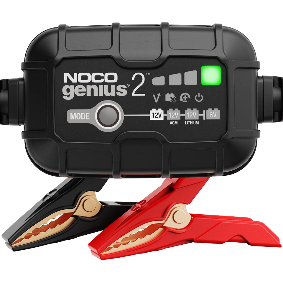 NOCO GENIUS2 front view showing controls and LEDs for easy monitoring
