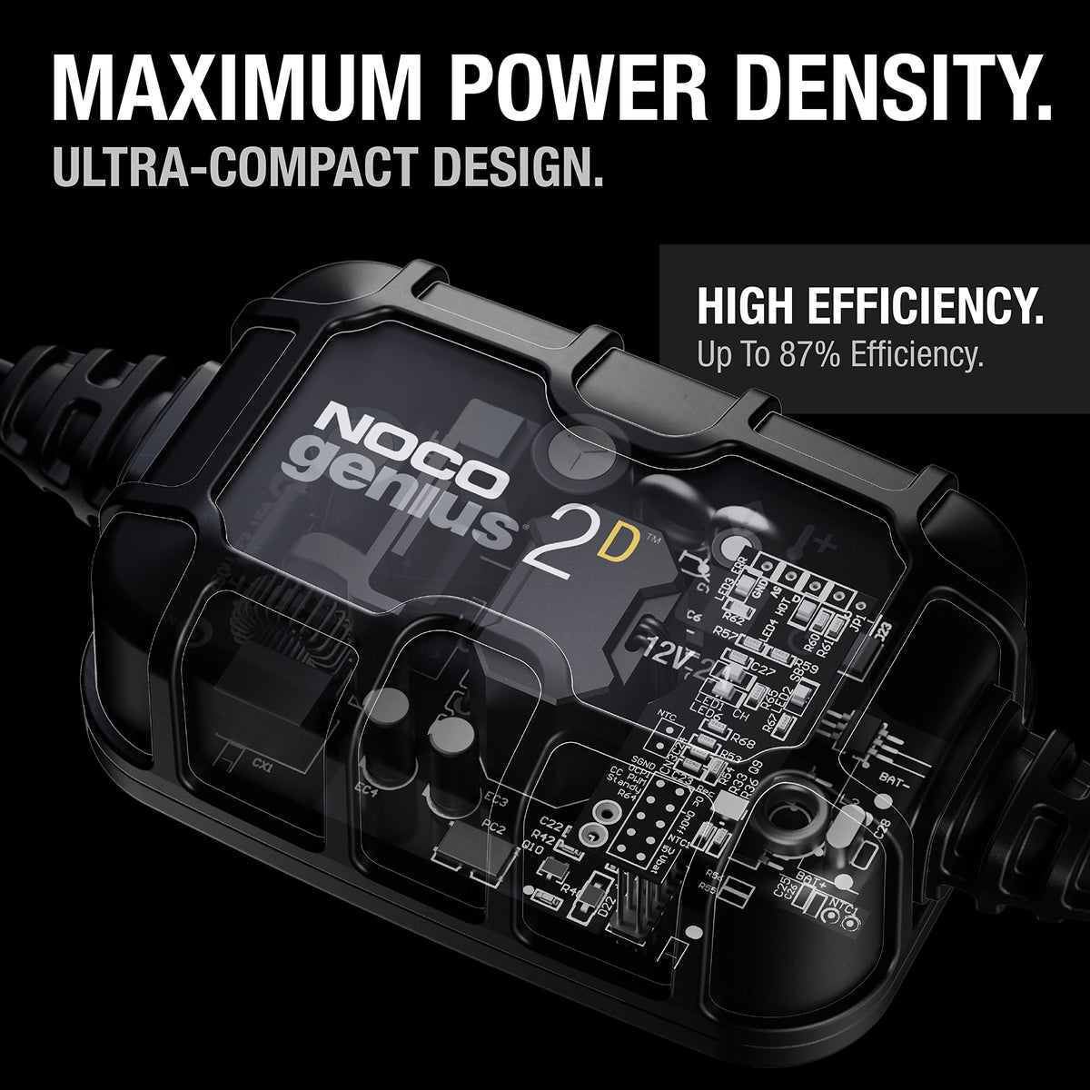 NOCO GENIUS2D cables and eyelet terminals displayed for tidy, direct battery connections