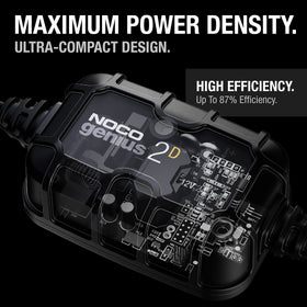 NOCO GENIUS2D cables and eyelet terminals displayed for tidy, direct battery connections