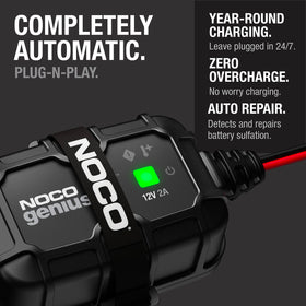 NOCO GENIUS2D installed near a car battery demonstrating under-hood permanent charging