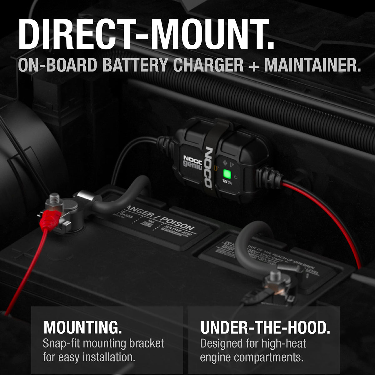 NOCO GENIUS2D mounting bracket close-up highlighting secure snap-fit installation benefit