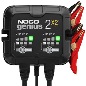 NOCO GENIUS2X2 front panel showing LEDs and controls, clear status feedback