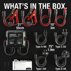 NOCO GENIUS2X2 box with included AC cords and accessories highlighting travel readiness