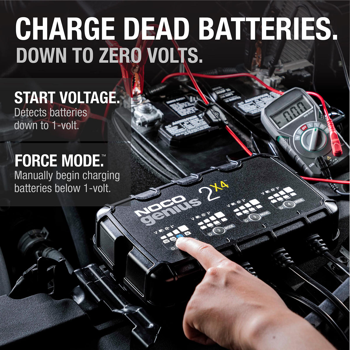 NOCO GENIUS2X4 battery clamps and eyelet terminals delivering secure connections