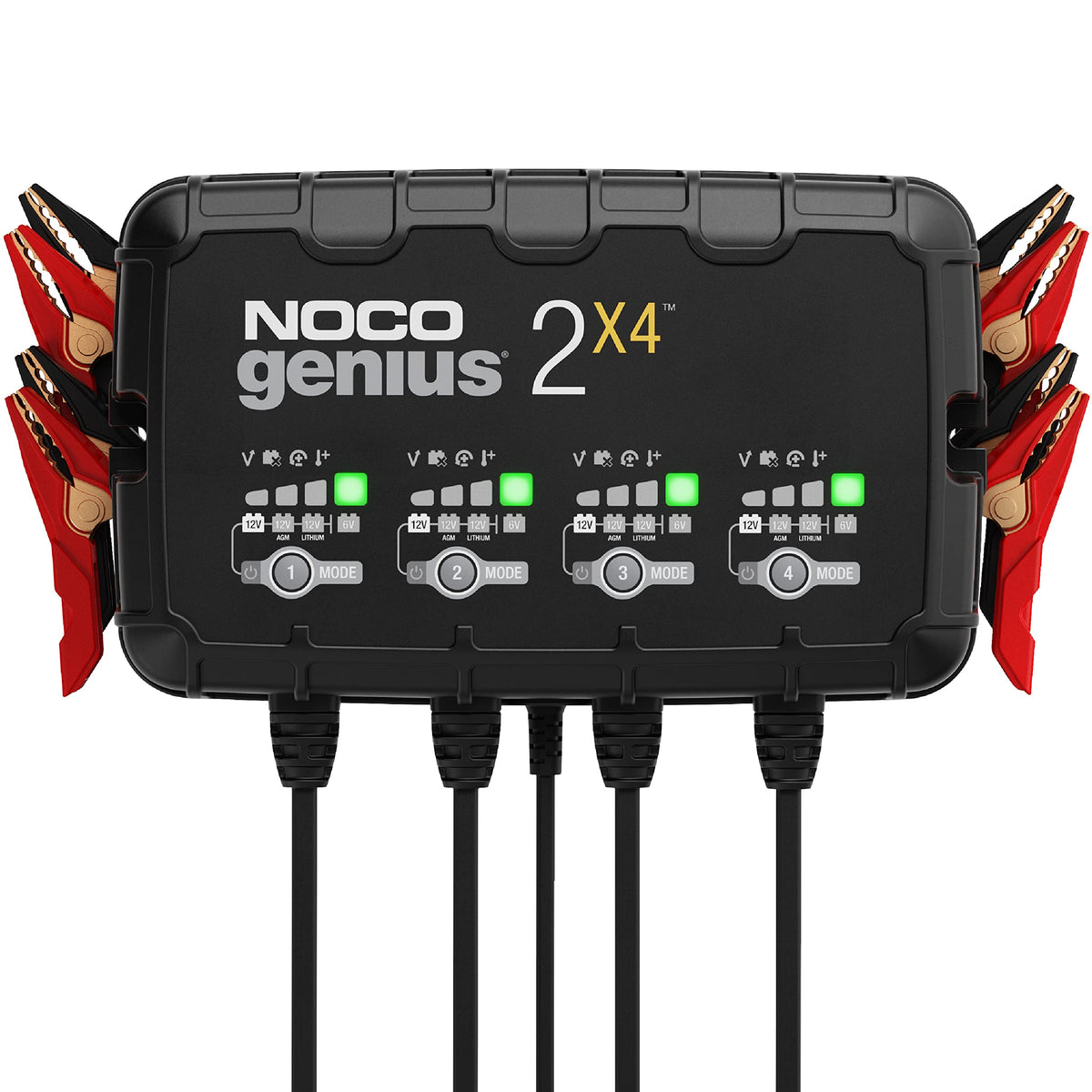NOCO GENIUS2X4 front view showing ports and LEDs for clear monitoring