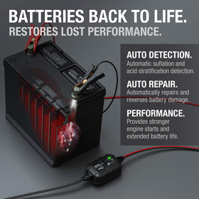 NOCO GENIUS5 charging a motorcycle battery demonstrating quick recovery and maintainer use