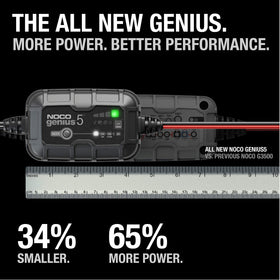 NOCO GENIUS5 connection ports and labels highlighting easy installation and safety