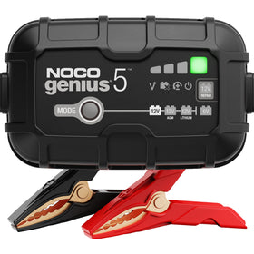 NOCO GENIUS5 front view showing status lights and compact design for reliable charging