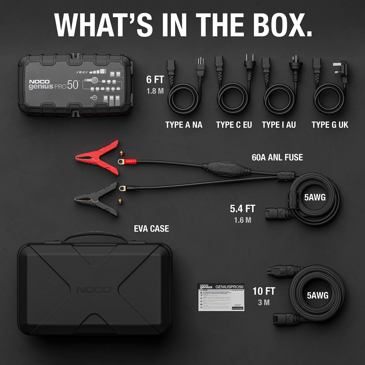 NOCO GENIUSPRO50 inside EVA case with AC cords and extension for organized transport