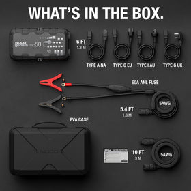 NOCO GENIUSPRO50 inside EVA case with AC cords and extension for organized transport