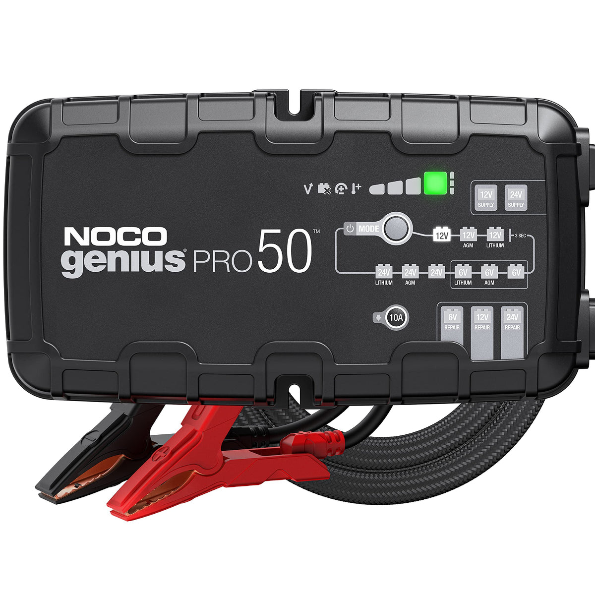 NOCO GENIUSPRO50 front panel showing controls and ports for fast setup