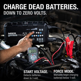 NOCO GENIUSPRO50 in a garage powering automotive and powersport batteries efficiently