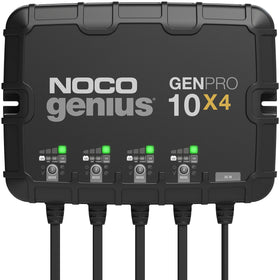 NOCO GENPRO10X4 front view showing compact sealed housing and clear status lights for reliable charging