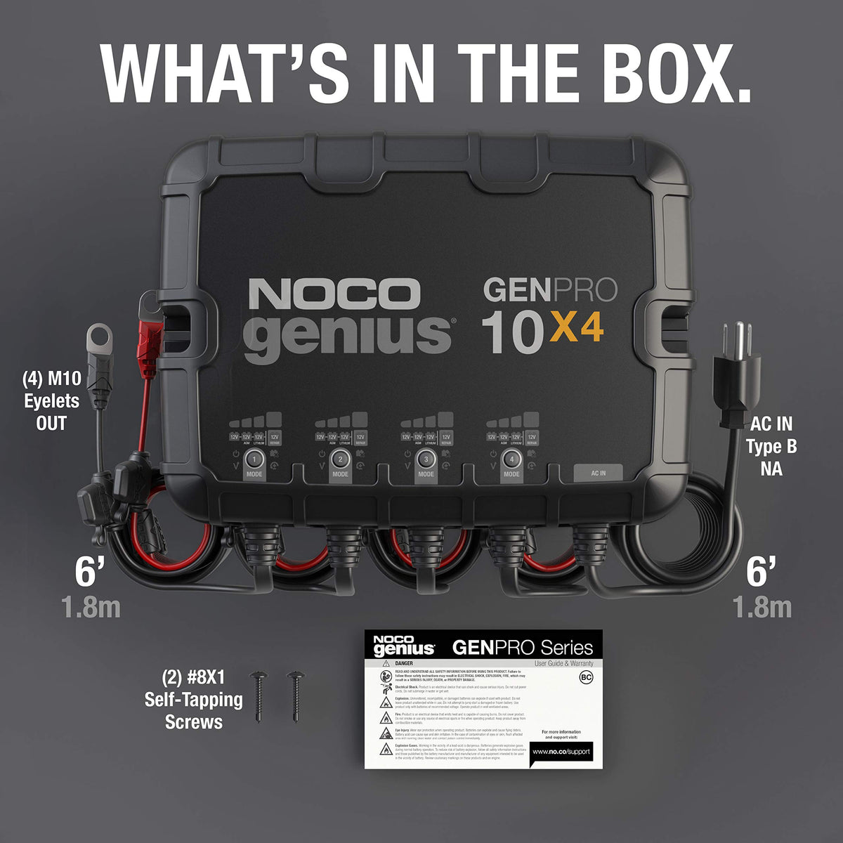 NOCO GENPRO10X4 label and specs closeup showing certification markings and selectable charging modes