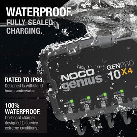 NOCO GENPRO10X4 mounted under boat deck demonstrating waterproof installation and vibration isolation