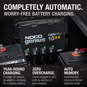 NOCO GENPRO10X4 size scale with hand showing compact footprint for tight installation spaces