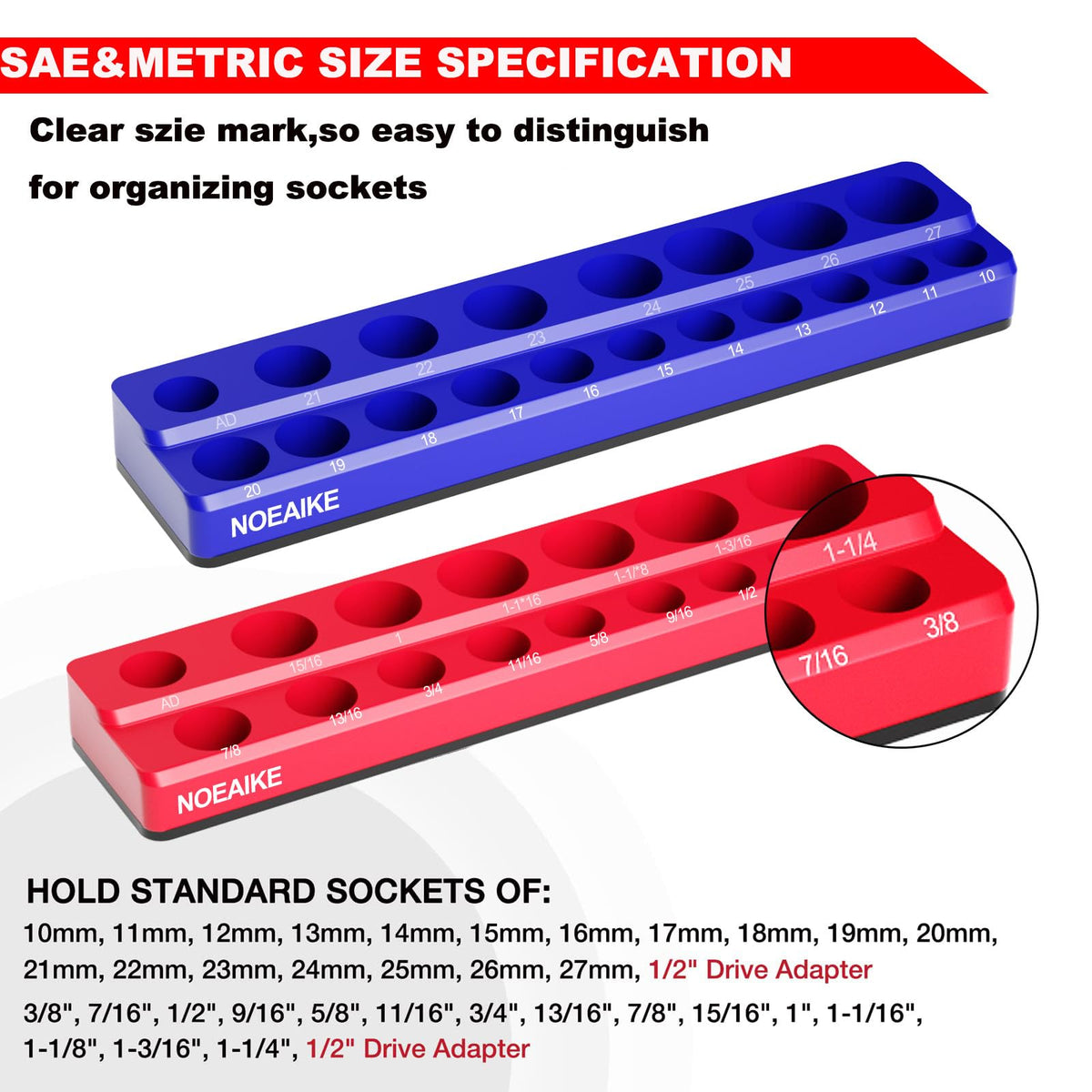 NOEAIKE close-up of size markers on tray for fast socket identification benefit