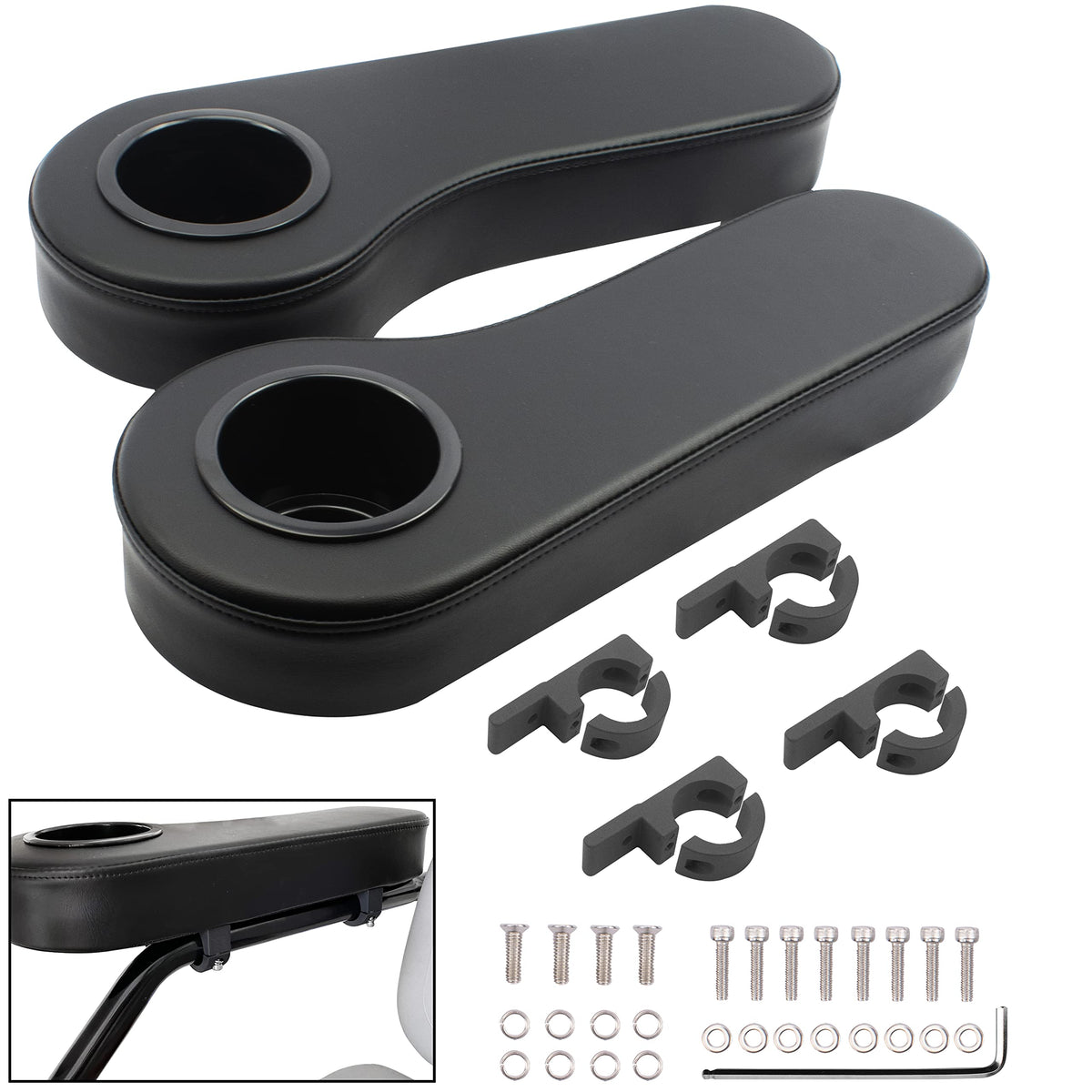 NOKINS armrest front view showing black PU leather and padded comfort benefit