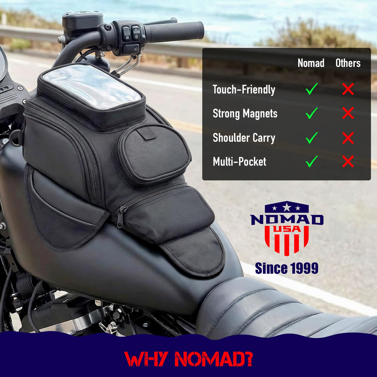 Nomad fabric and zipper detail highlighting water-resistant protection benefit