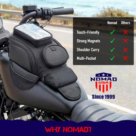 Nomad fabric and zipper detail highlighting water-resistant protection benefit