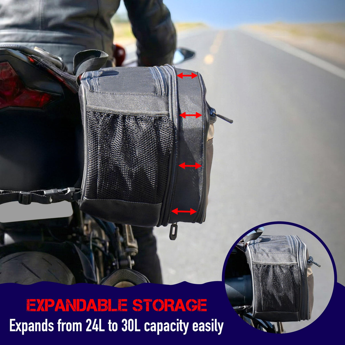 Nomad USA expanded bags showing full 15L per side storage capacity