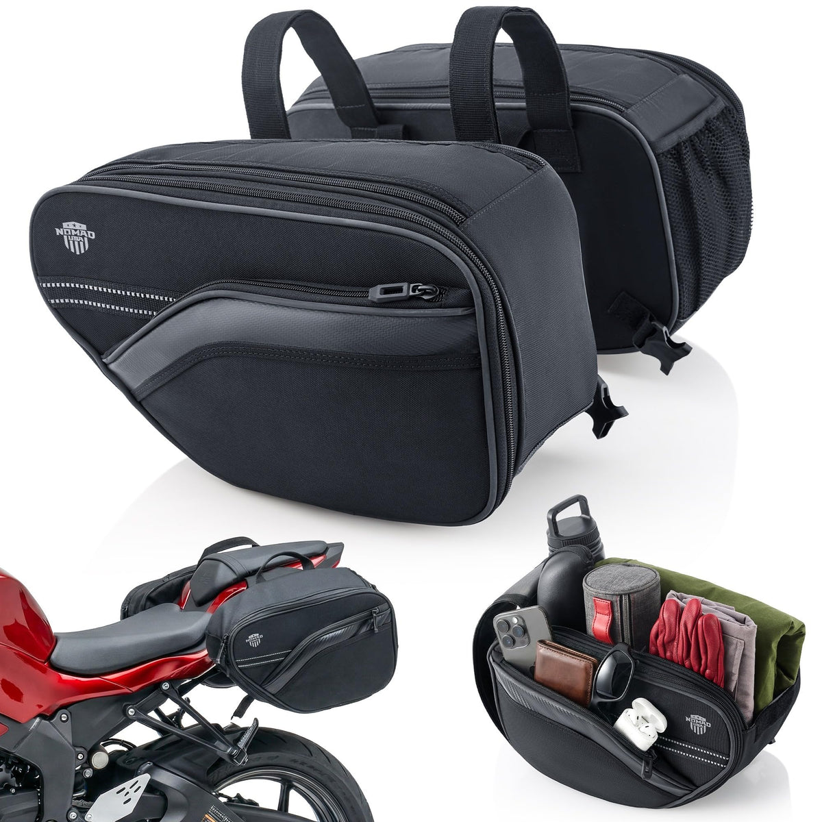 Nomad USA front view of saddlebags showing compact profile and easy access