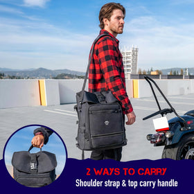 Nomad USA attached to motorcycle sissy bar demonstrating stable high-speed mounting