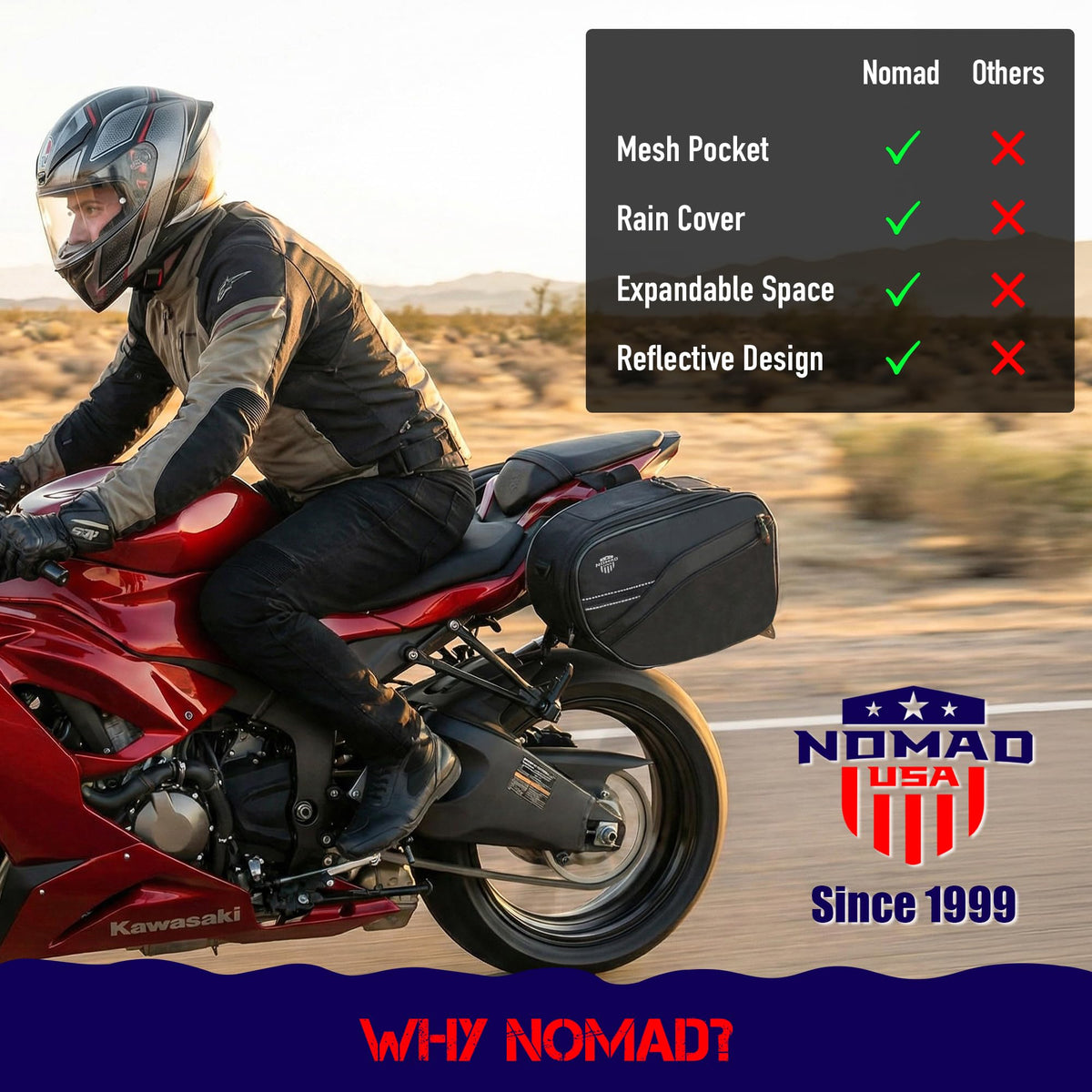 Nomad USA reflective strip visible at night increasing rider visibility
