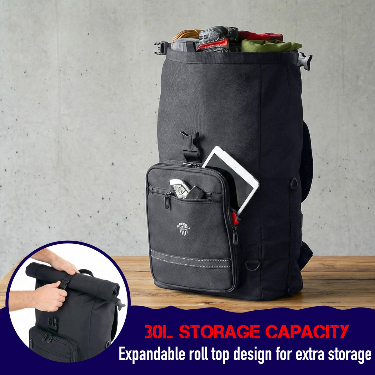 Nomad USA worn with shoulder strap showing easy off-bike portability benefit