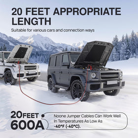 NOONE cables connected between two vehicles illustrating quick jump-start benefit