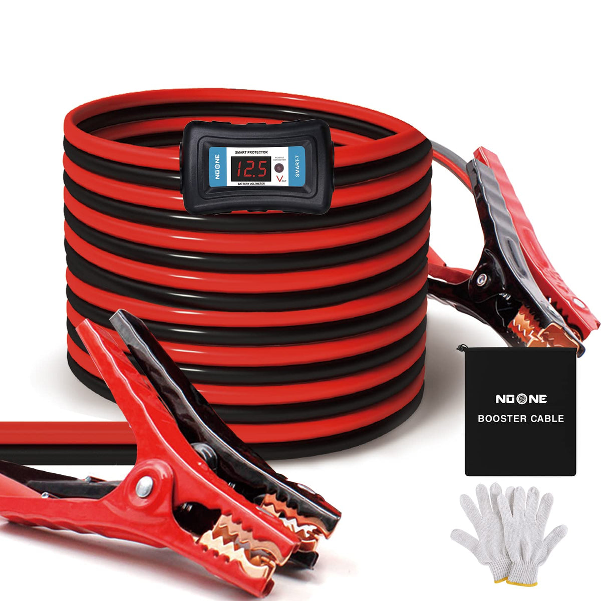 NOONE front view of jumper cables kit showing packed components and brand
