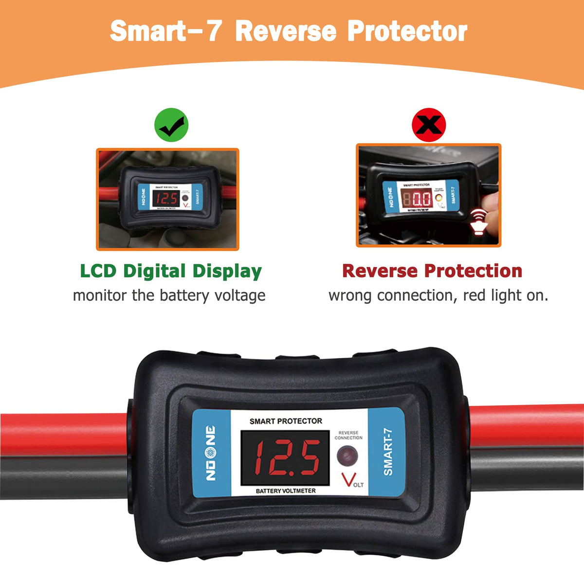 NOONE Smart-7 LCD display showing battery voltage for safer monitoring