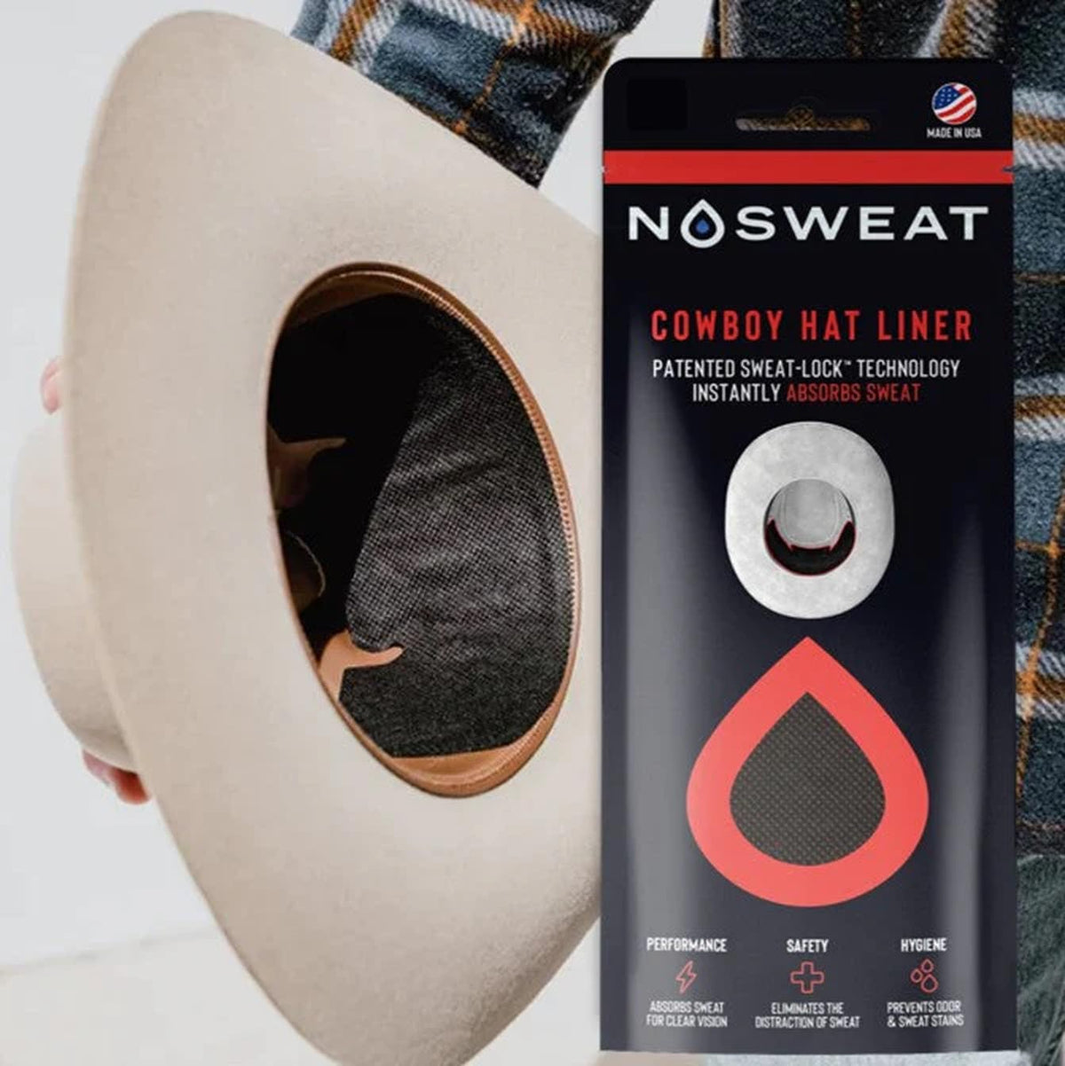 NoSweat front packaging showing three liners and benefits for sweat control