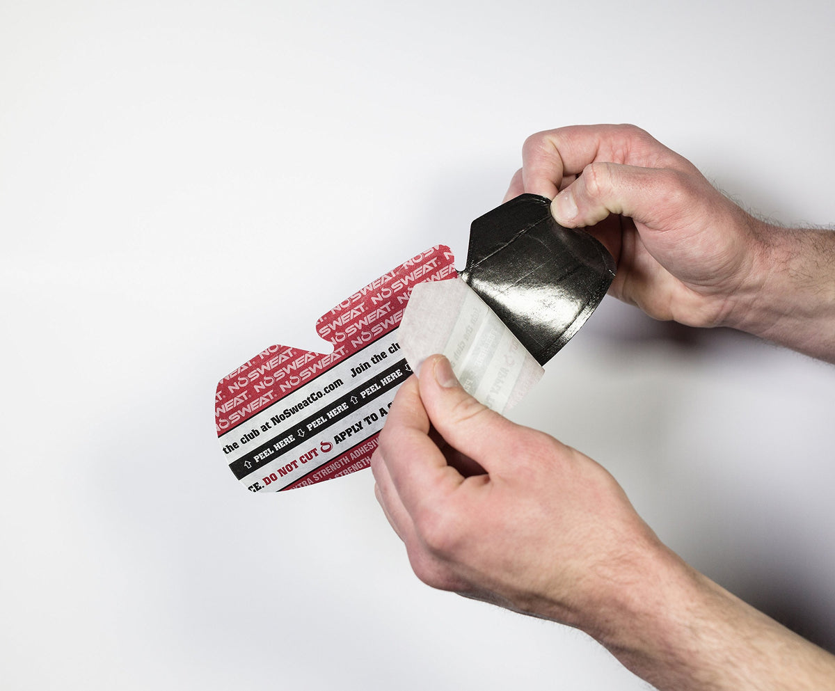 NoSweat three-pack beside a ruler showing slim size and easy replacement