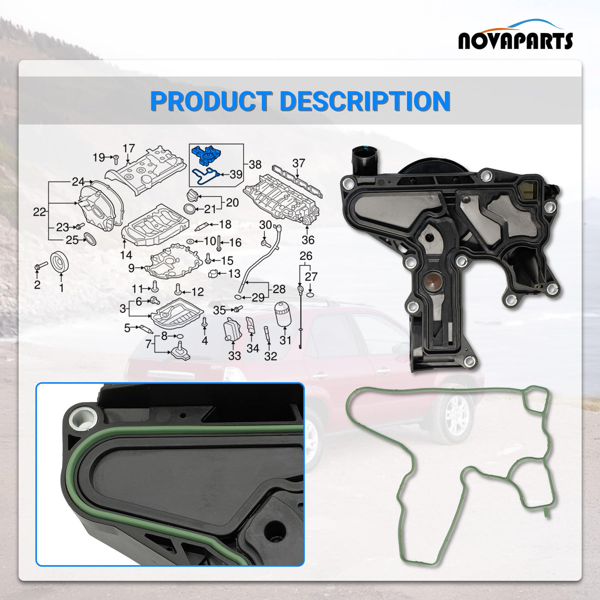 NOVAPARTS molded plastic texture detail highlighting corrosion resistance benefit