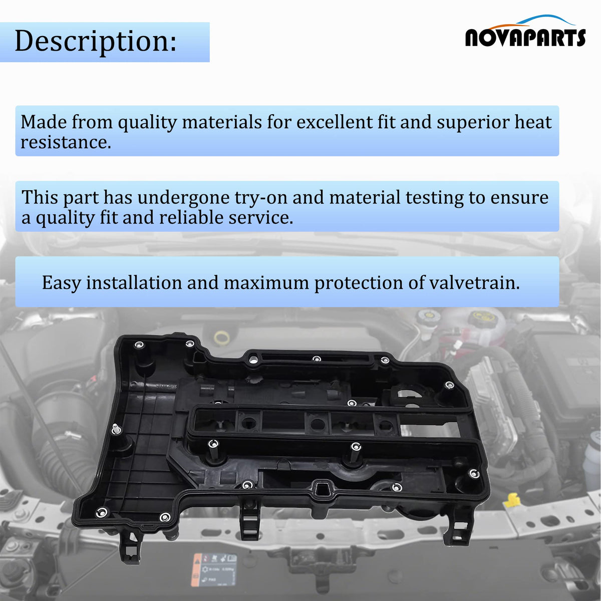 NOVAPARTS valve cover installed mockup showing proper fitment