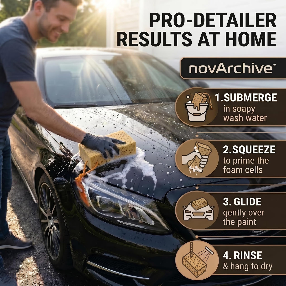novARCHIVE sponge in driveway washing a truck demonstrating real-world performance