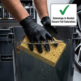 novARCHIVE sponge creating thick suds on car hood for streak-free clean