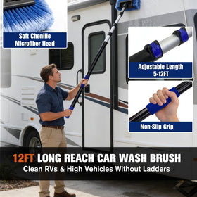 Novastry extended-pole in use cleaning an RV roof for safe high-reach access