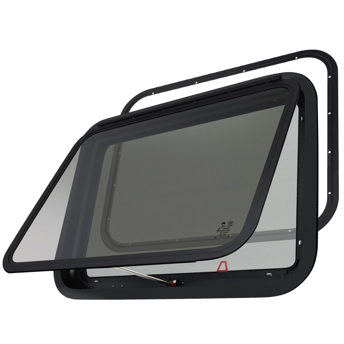 NOVINO front view of packaged RV exit window showing size and finish, clear product overview