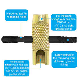 NOVINO close-up of black tap threads restoring and cleaning clogged grease fitting threads