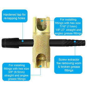 NOVINO silver socket detail showing hex sizes for removing damaged grease zerks efficiently